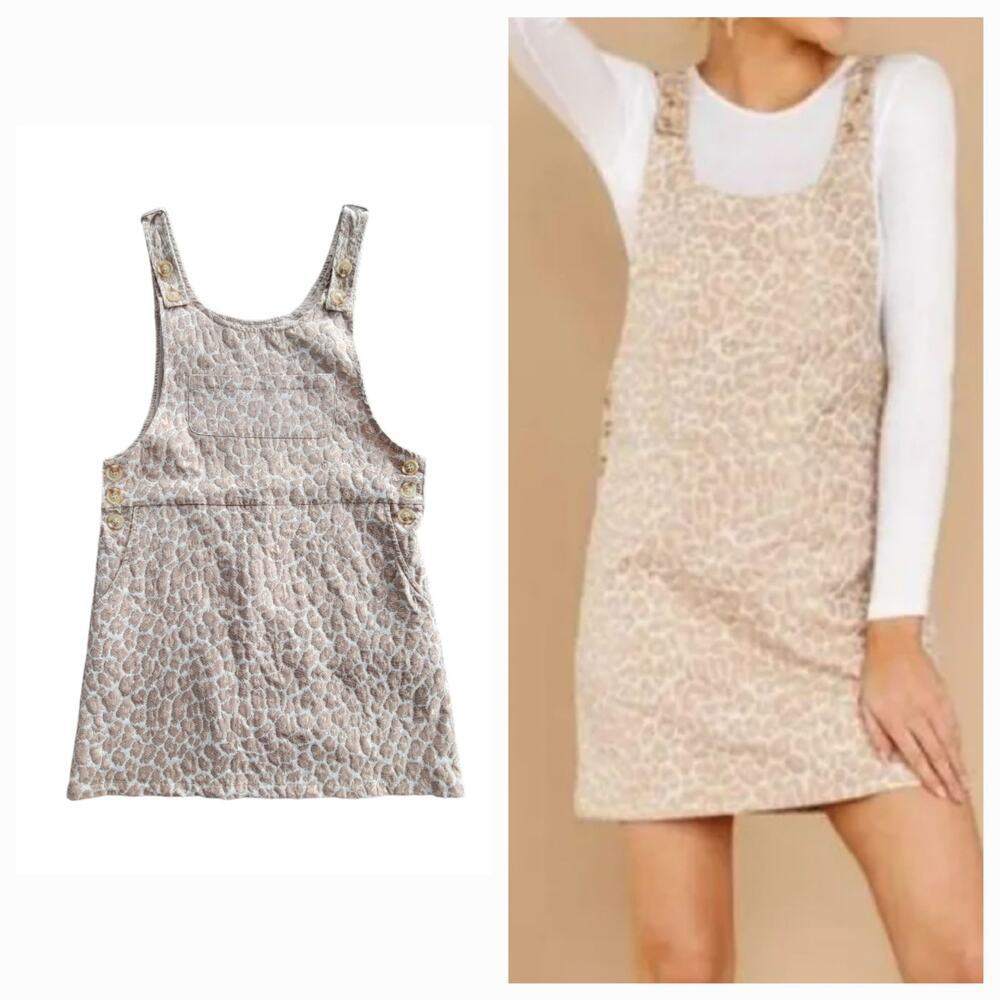 Storia Cheetah Animal Print Overall Mini Quilted Dress Gold/Champagne Size Small